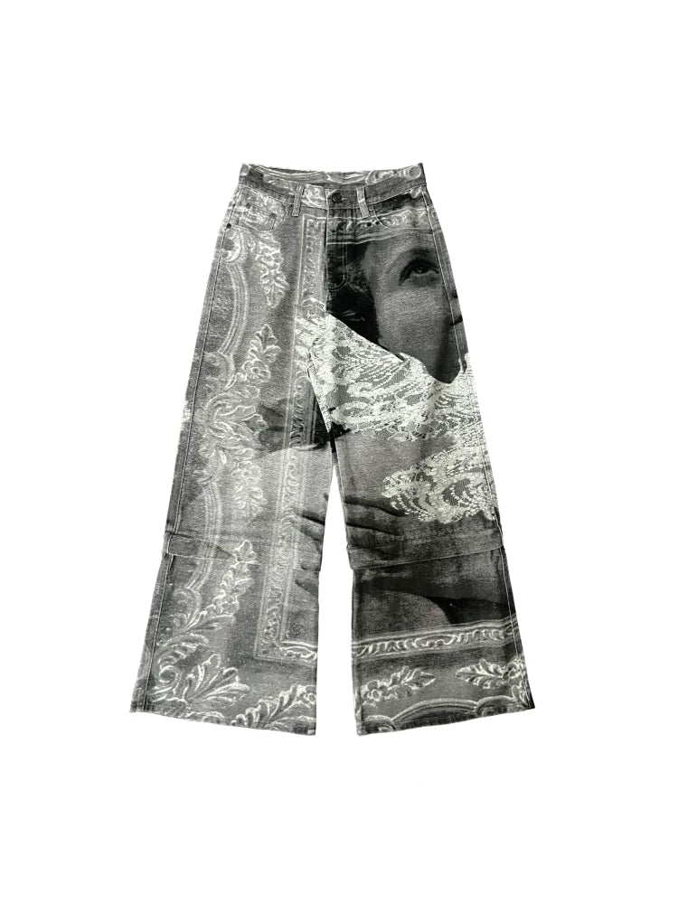 Flying Bird Print Convertible Wide-Leg Jeans