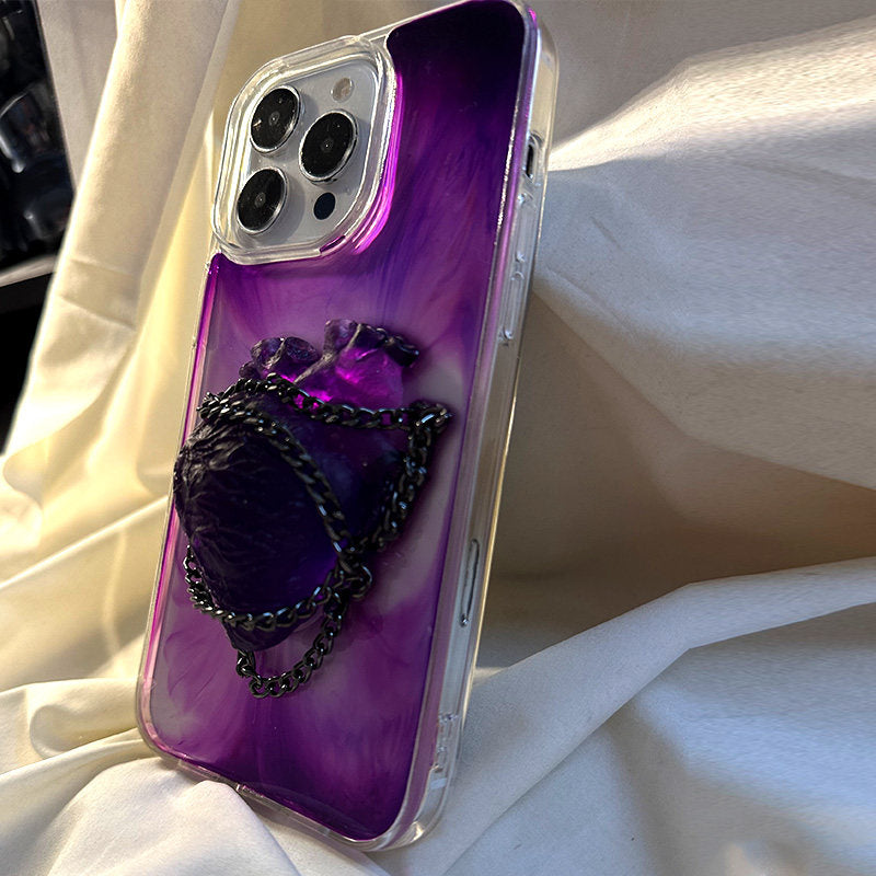 原创紫色心脏立体适用苹果15Pro手机壳iPhone16Pro高级感13Promax硬壳13小众11晕染15PLUS防摔x保护套16网红