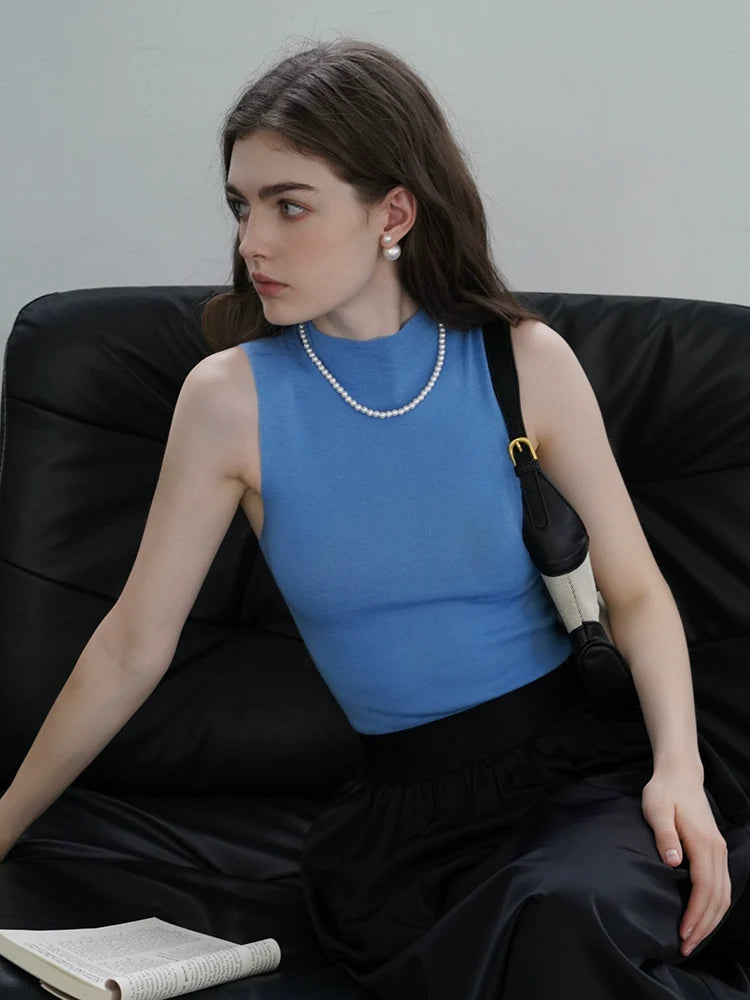 French Semi-High Neck Wool Knit Seamless Blue Tank Top