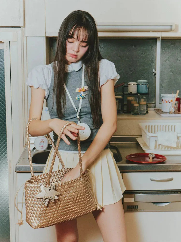 Woven East-West Tote Shoulder Bag