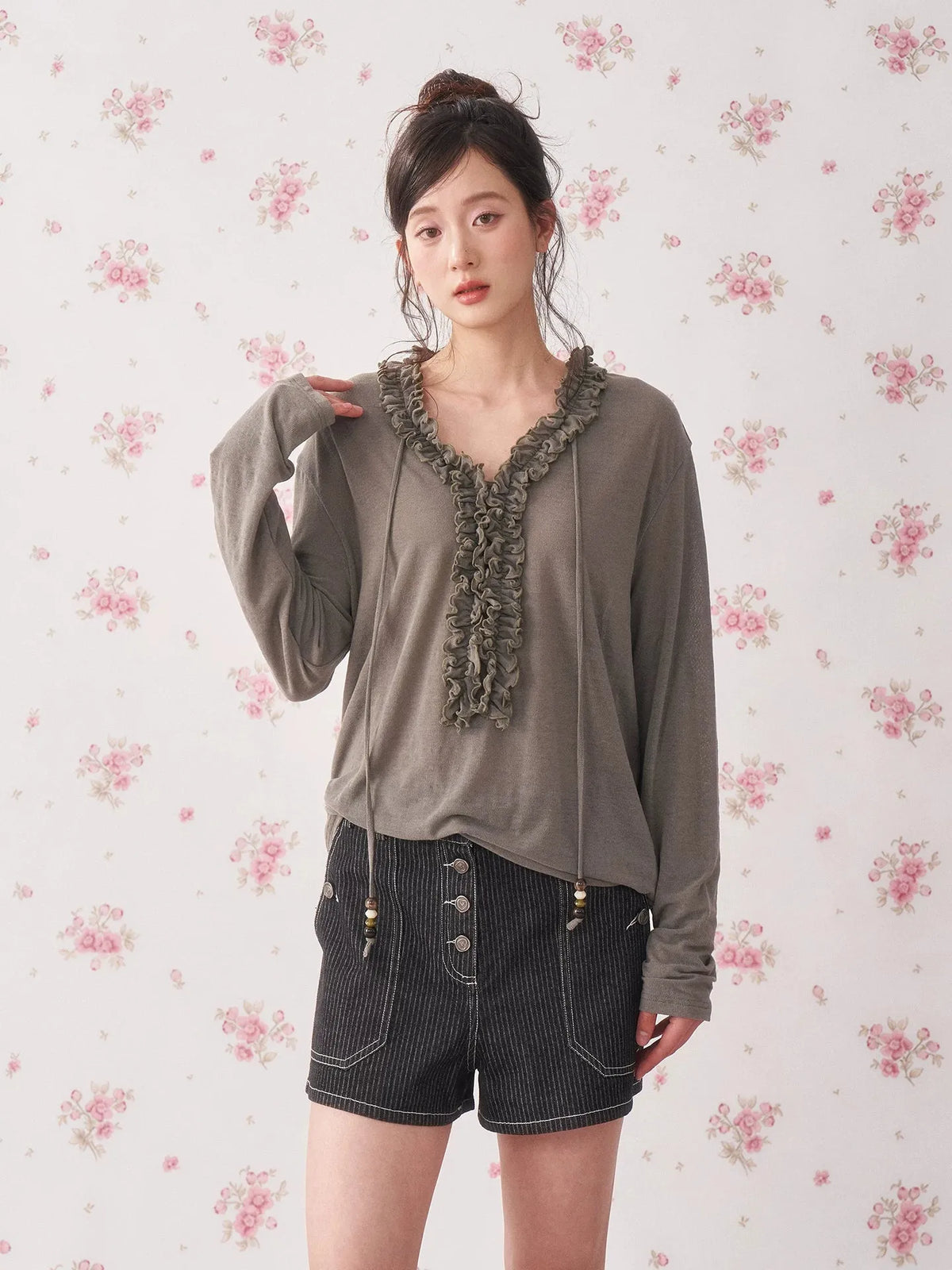 Ruffle Drawstring Sheer Knit Sun-Protective Long Sleeve Top