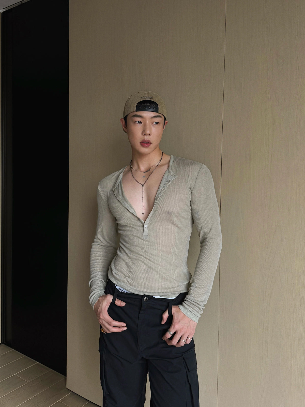 Gray Green Ribbed Henley Sweater