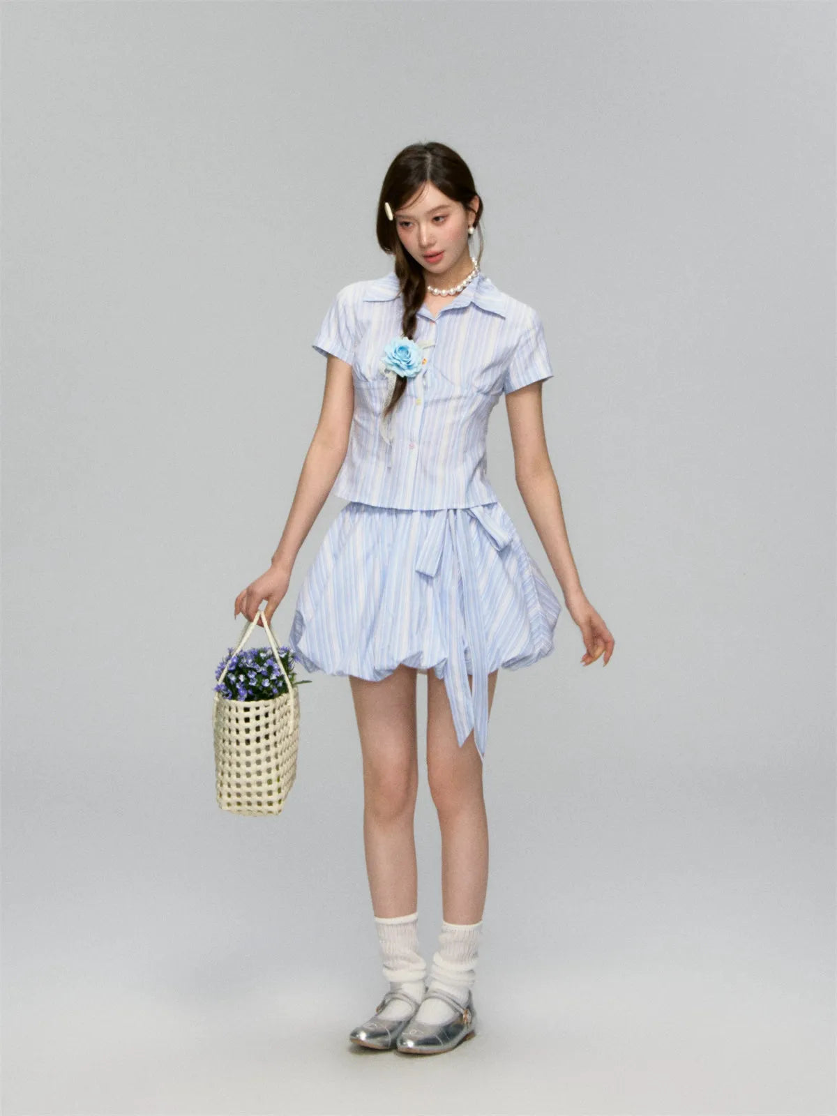 Colorful Buttons Striped College - Style Shirt & Skirt Set