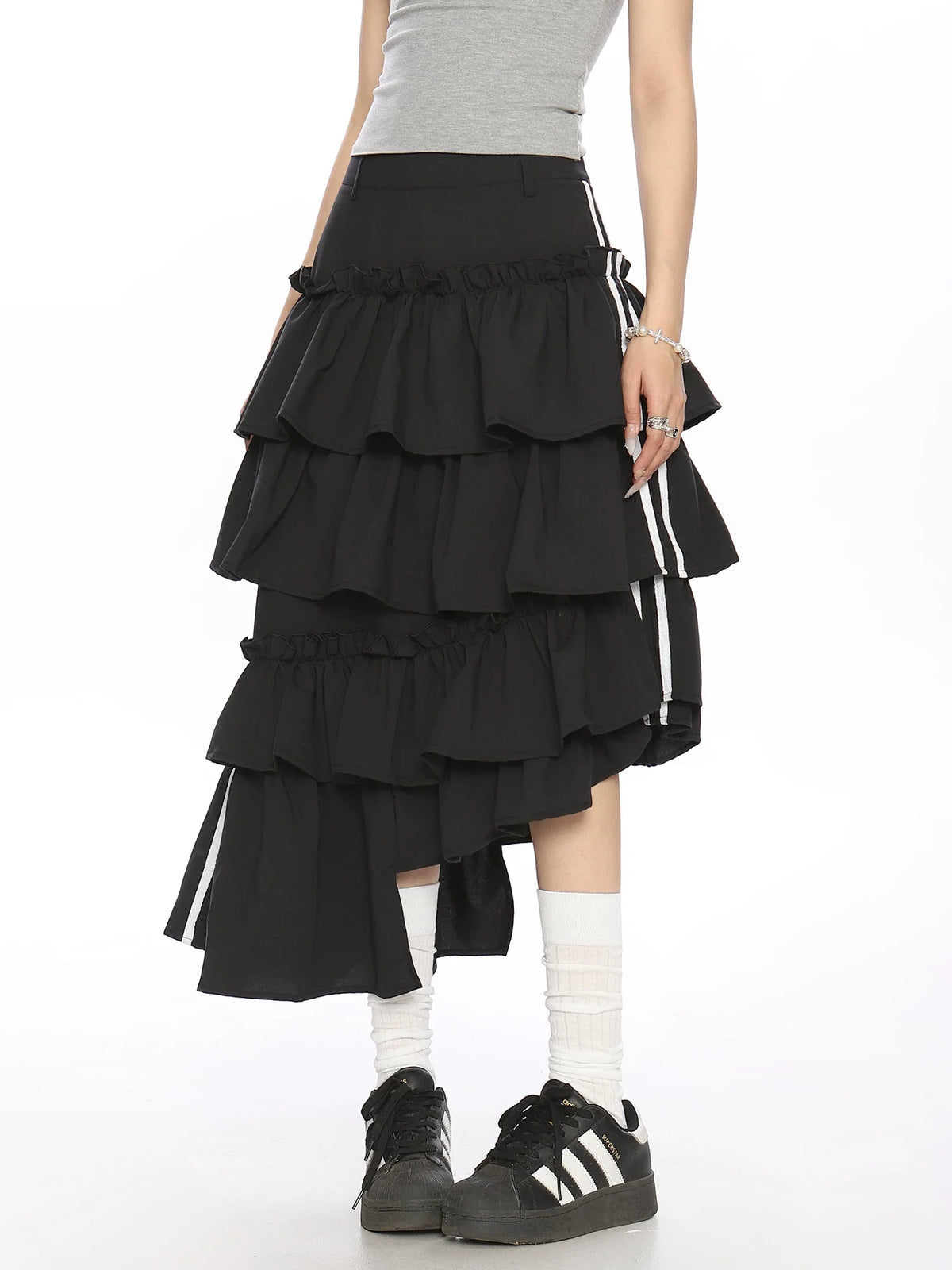 Asymmetric Tiered Ribbon Midi Skirt