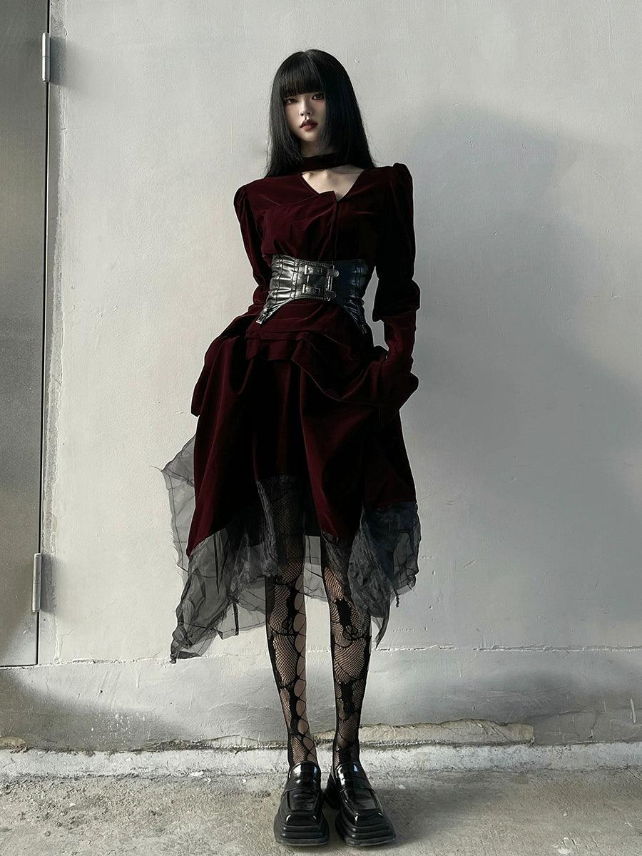 Lady Ghost Burgundy Velvet Gothic Maxi Dress