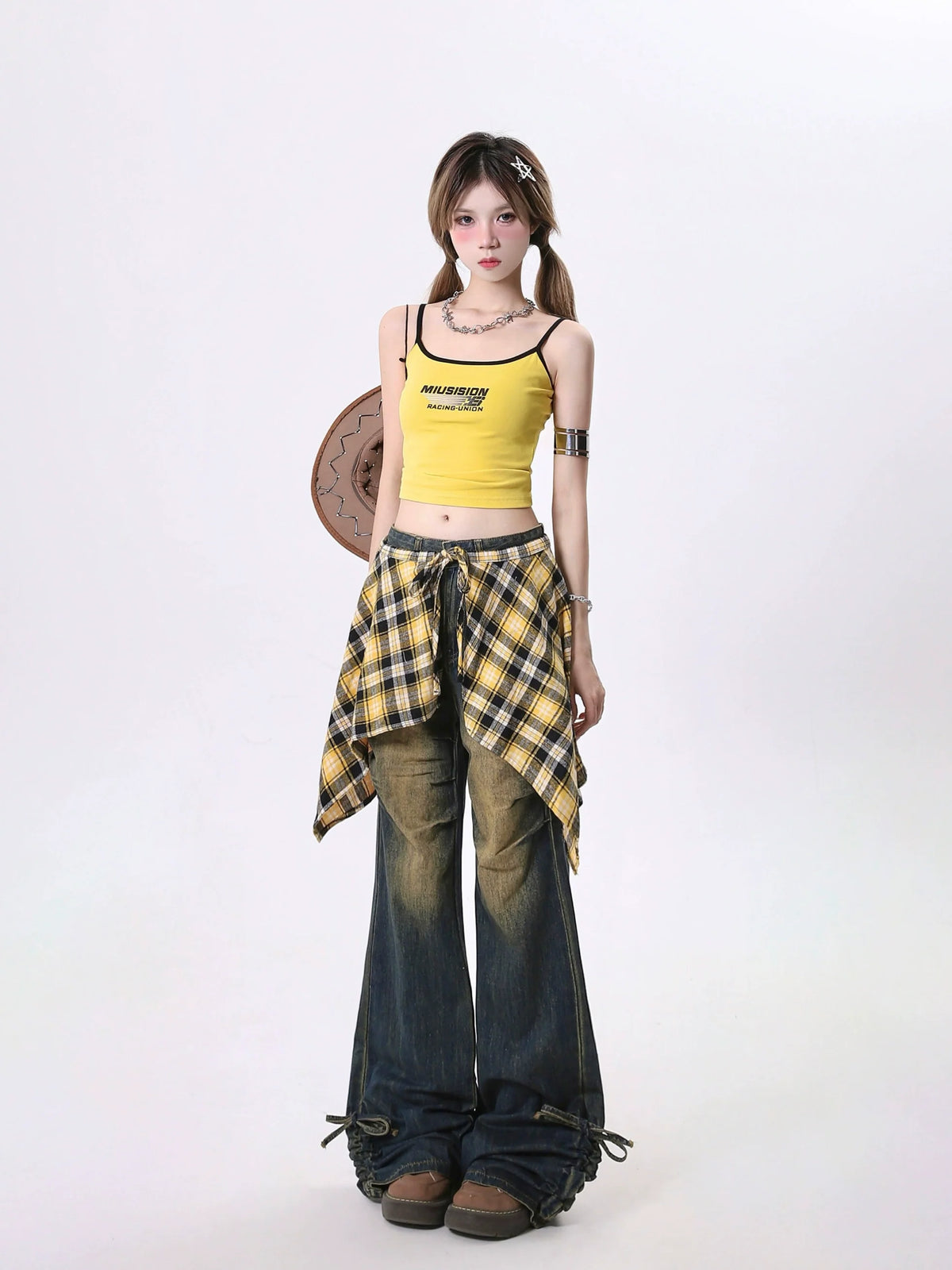 Plaid Overlay Wide Leg Jeans