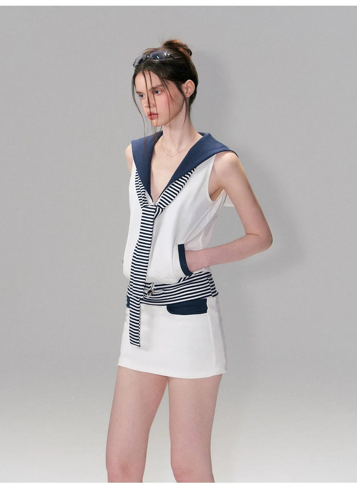 Color-Block Nautical Sailor Collar Sleeveless Top