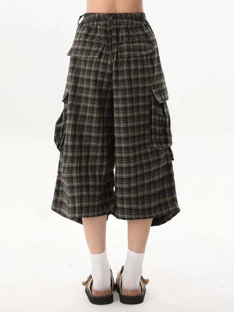 Brown Plaid Bear-Patch Wide-Leg Culotte Shorts