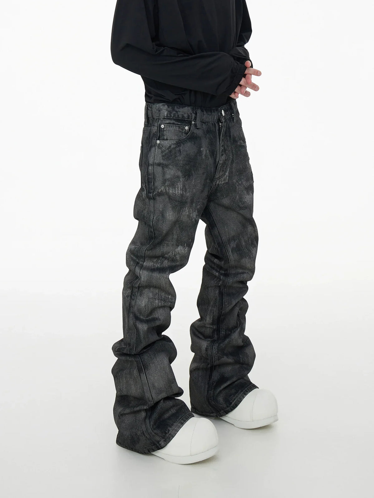 Glitter Coated Acid Wash Black Stacked Jeans