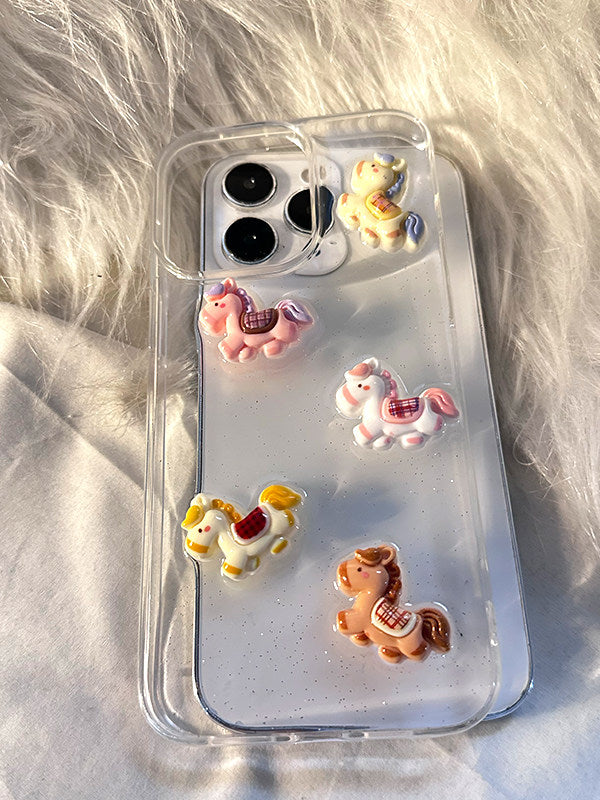 Clear iPhone case decorated with cute 3D miniature horse figures
