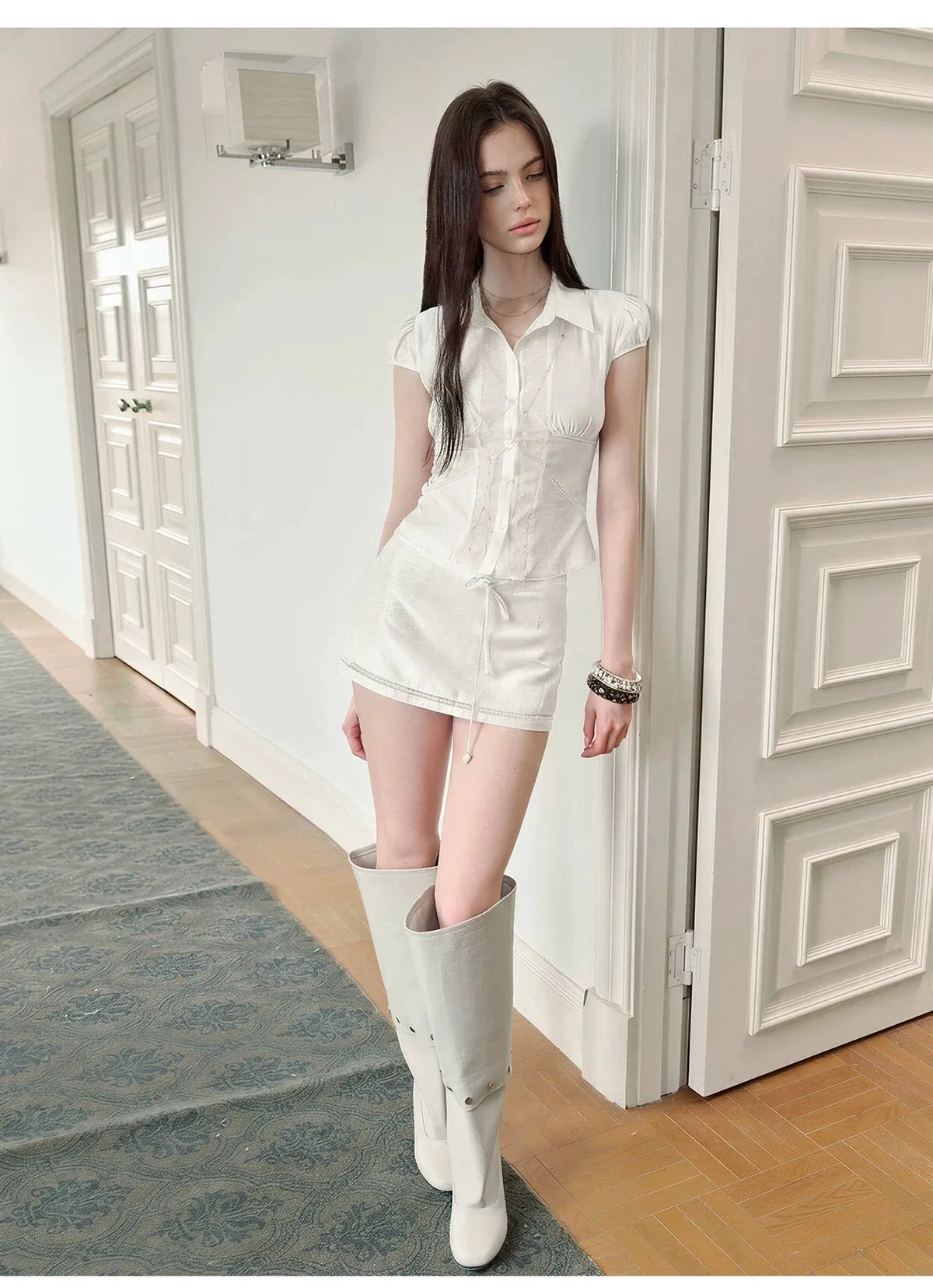 Lustrous Acetate Shirt & Mini Skirt Set