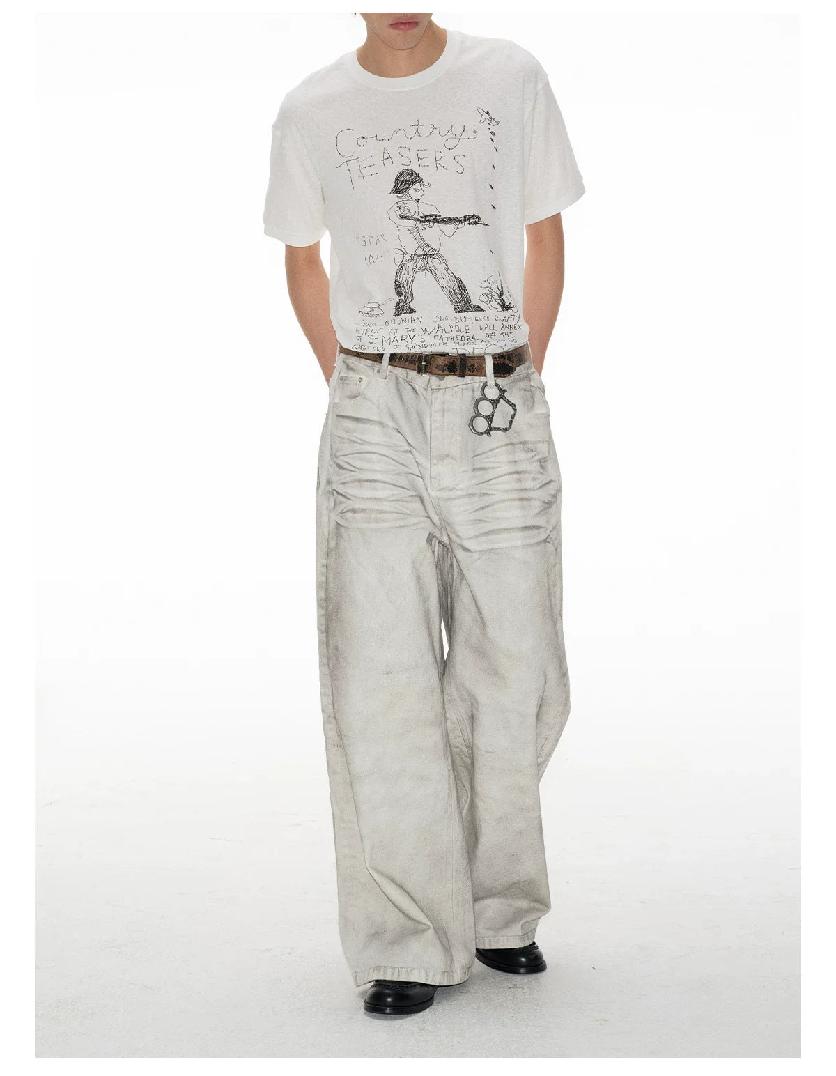 Faded White Ruched-Front Wide-Leg Jeans