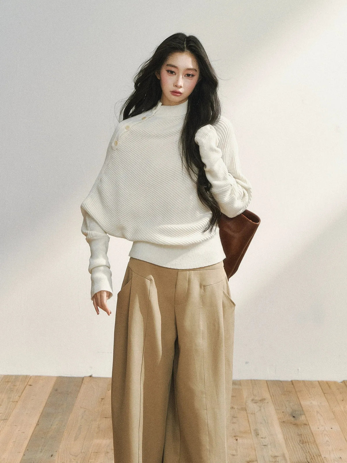 Asymmetric Buttoned White Knit Sweater