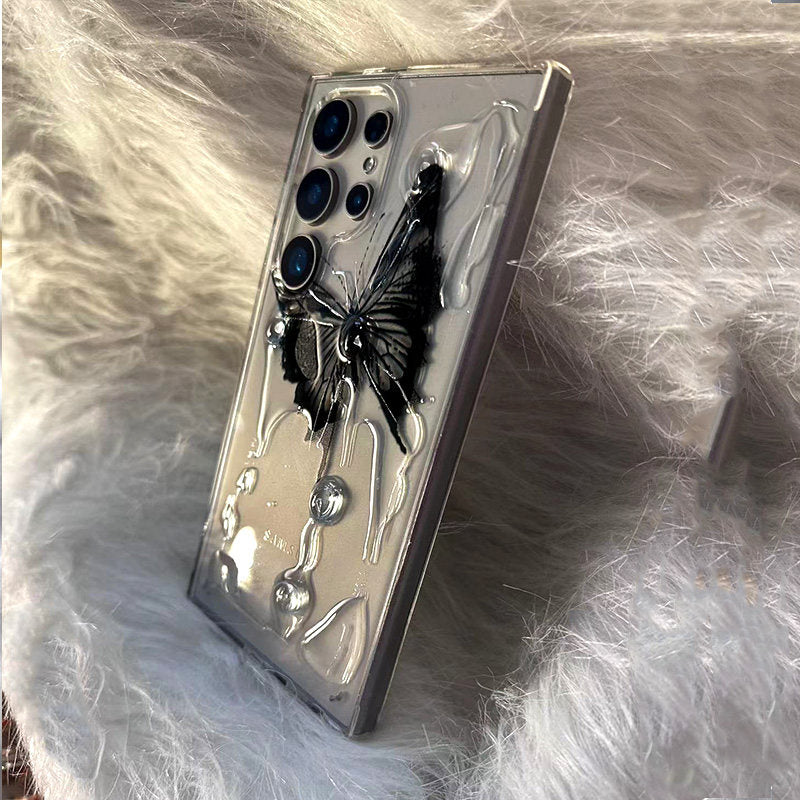 Niche Crystal Butterfly Phone Case for Samsung S24 Ultra, New S23 Ultra Ultra-Thin Transparent Protective Cover, S25U Anti-Fall, S23 Anti-Fingerprint, Simple S24 Fashion Ins Internet Celebrity for Men and Women