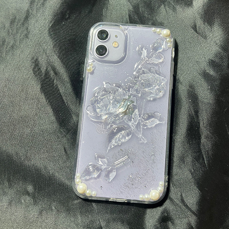 Niche Simple 3D Rose Pearl Phone Case for iPhone 15 Pro, iPhone 15 Pro Max, Premium Feel 14 Pro Max, Epoxy 12 Pro, Personalized 12, Creative 11, Anti-fall Transparent 16