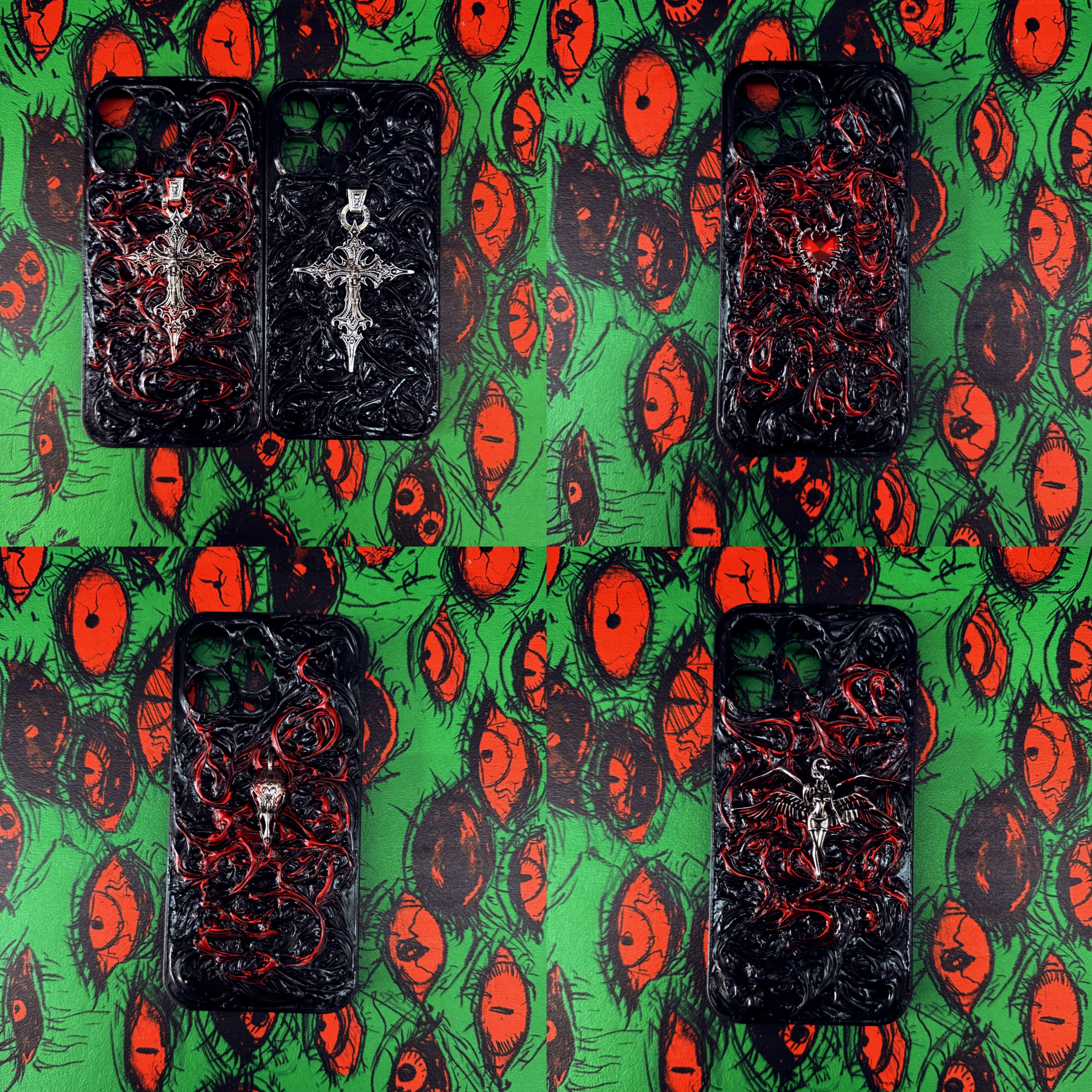Handmade dark gothic style iPhone case with intricate horror-themed 3D textures.