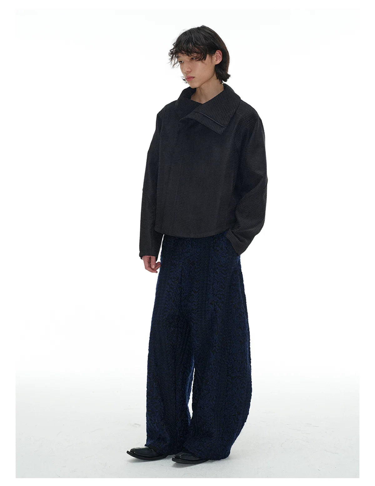 Black Textured Asymmetric-Collar Jacket