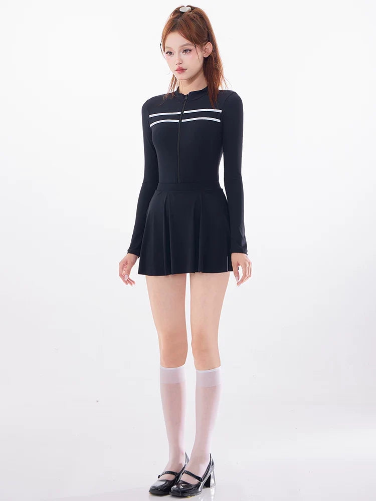 Midnight Varsity Zip Skater Swim Dress