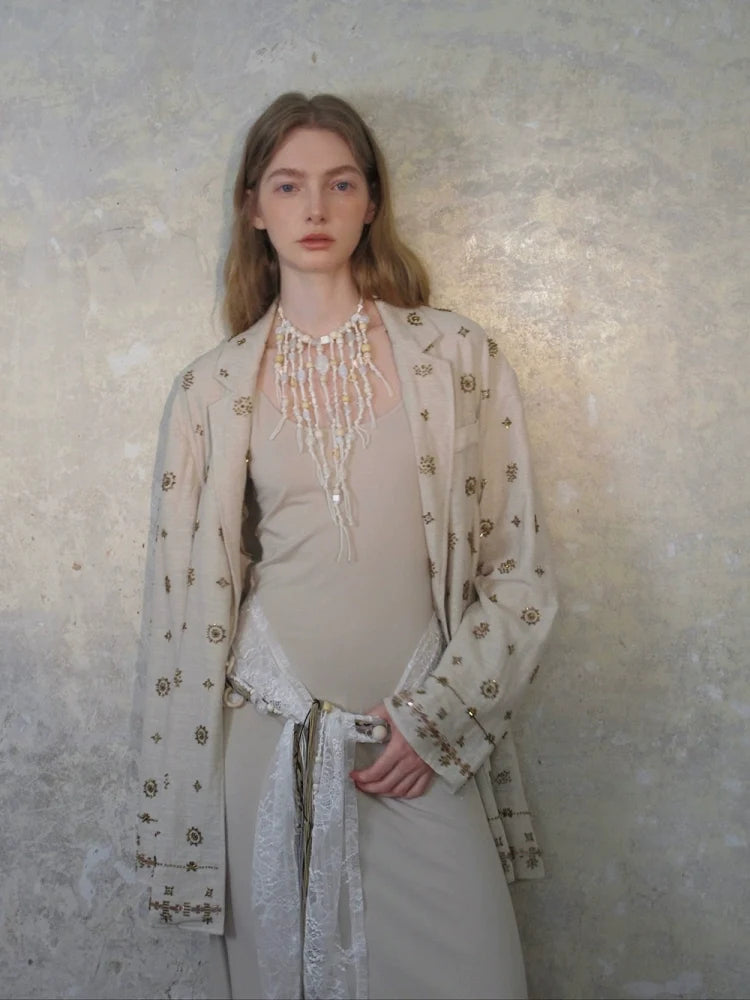Wide-Leg Embroidered Linen Pants and Suit