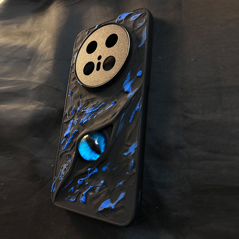 A black 3D textured phone case featuring a glowing blue eye design in the center.