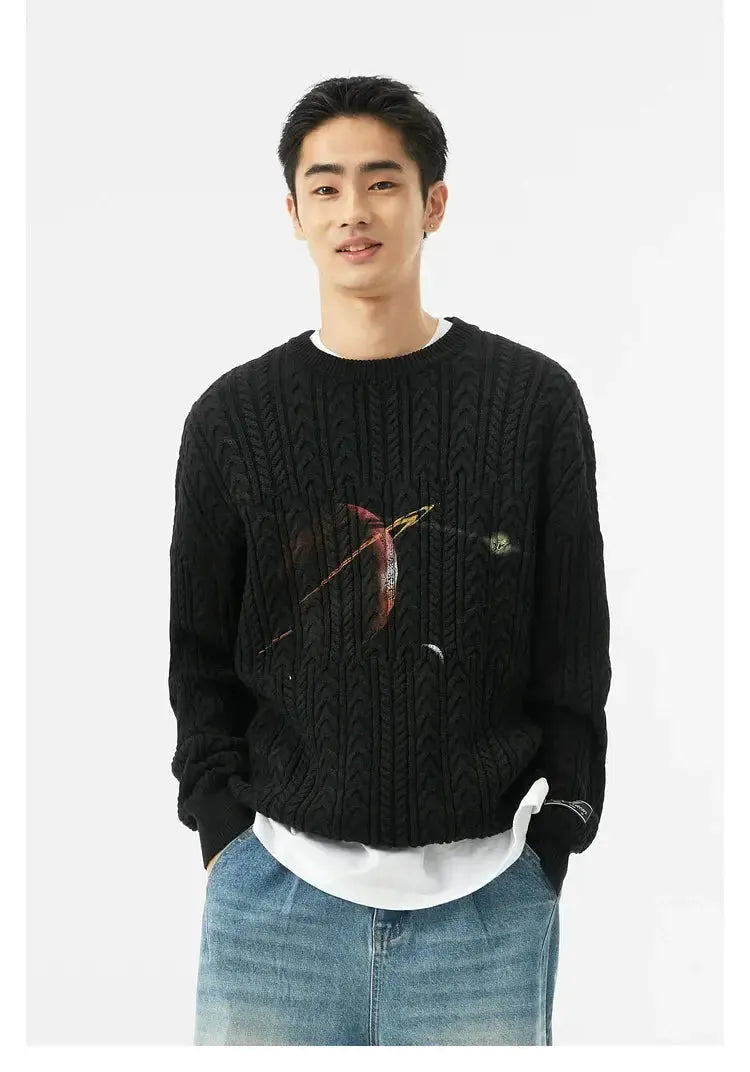 Black Misaligned Crew Neck Sweater