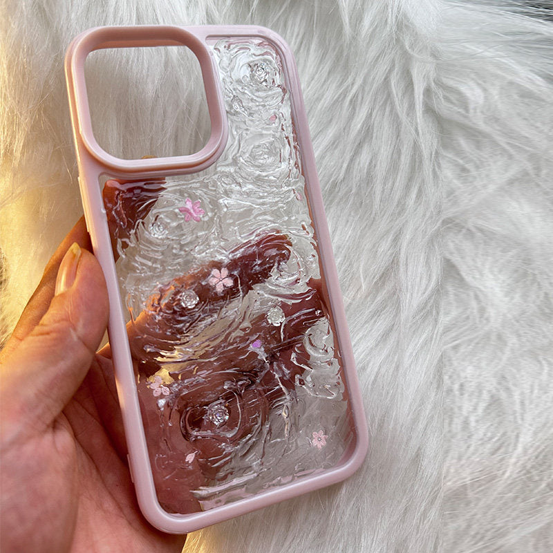 Premium transparent raindrop ripple phone case suitable for iPhone 15 Pro, 14 Pro Max, 13 Pro Max, 17 Pro, 12 Pro. Original protective cover with a three-dimensional design, perfect for couples.