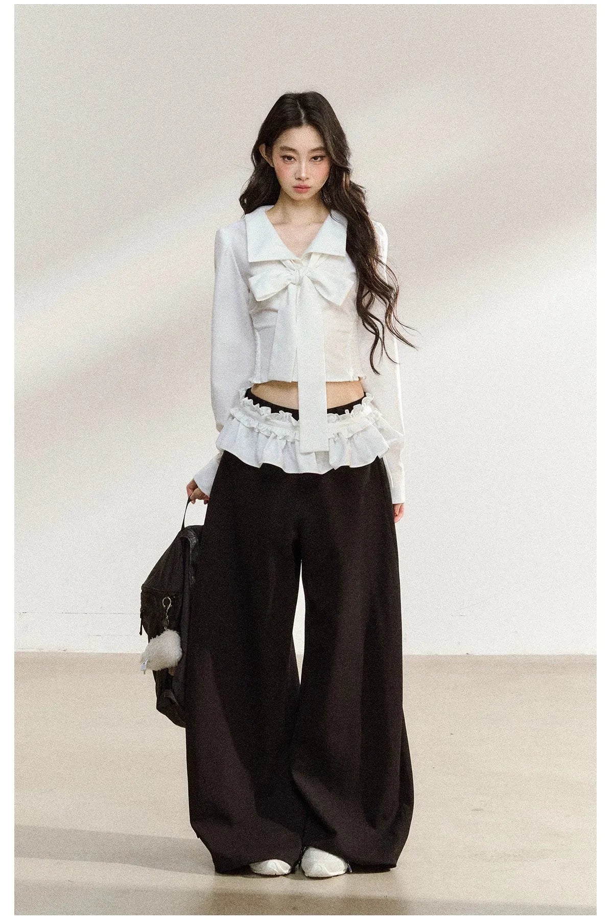 Butterfly Bow White Blouse & Lace-Trim Straight Pants Set
