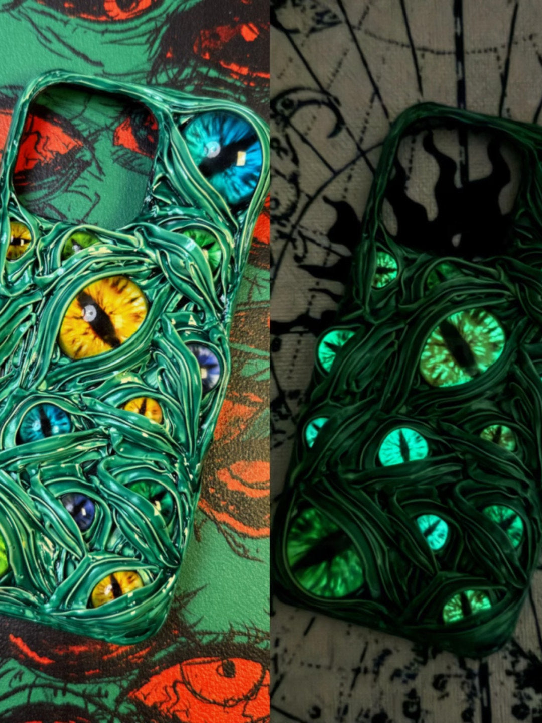 Handmade 3D monster eye iPhone case with glow-in-the-dark details in green, black, and grey.
