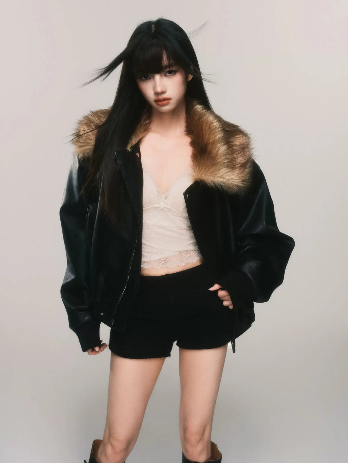 Faux Fur Collar Padded PU Biker Jacket