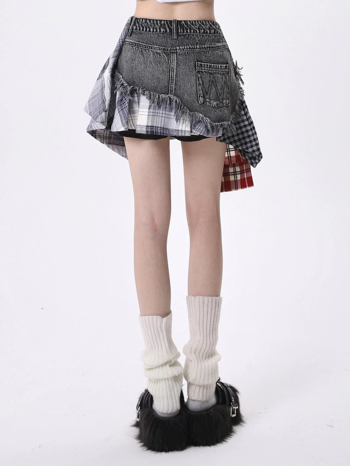 Mixed Plaid Patchwork Denim Mini Skirt