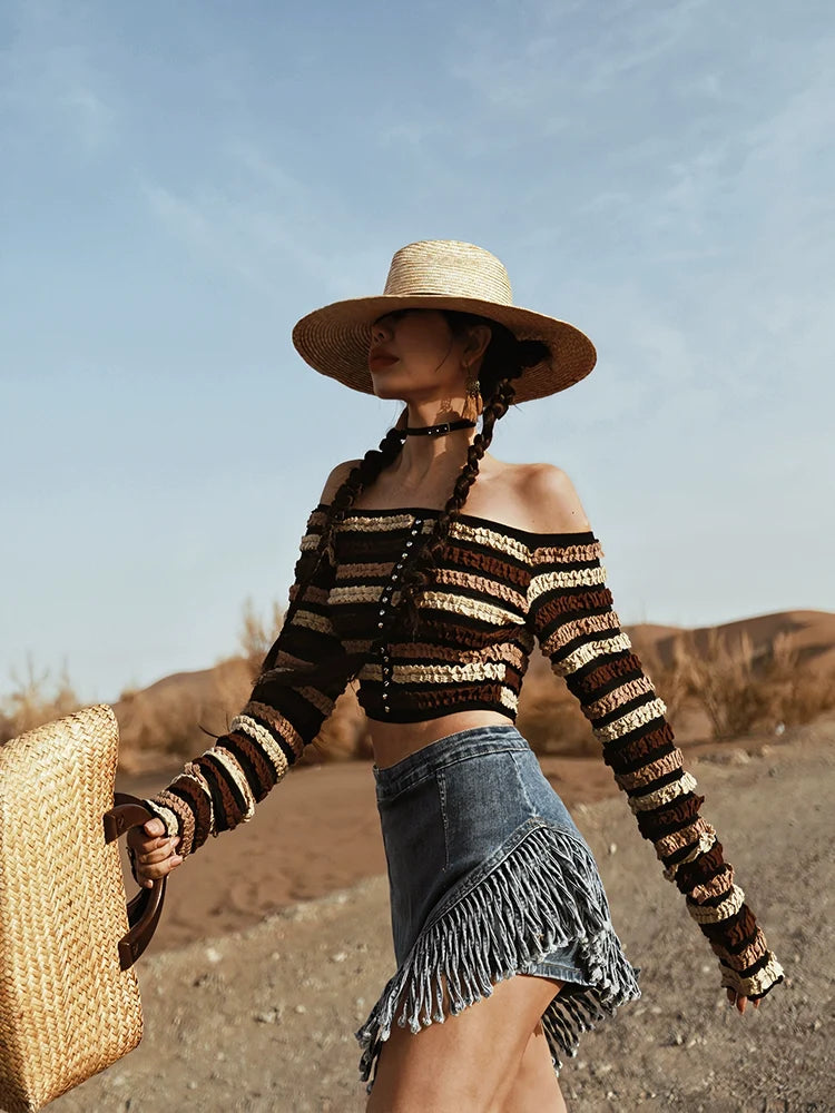 Asymmetrical Fringe Denim Skirt