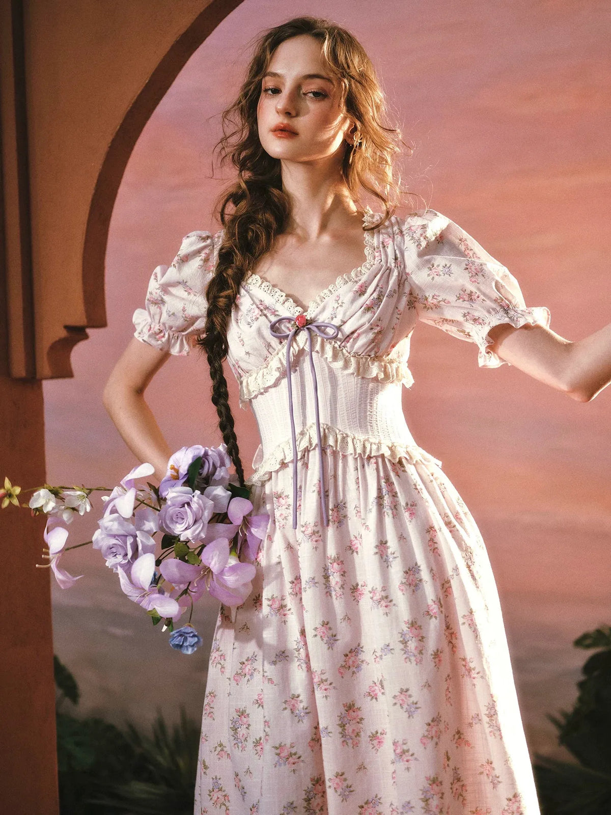 Stardew Garden Vintage Floral Waist-Cinching Midi Dress