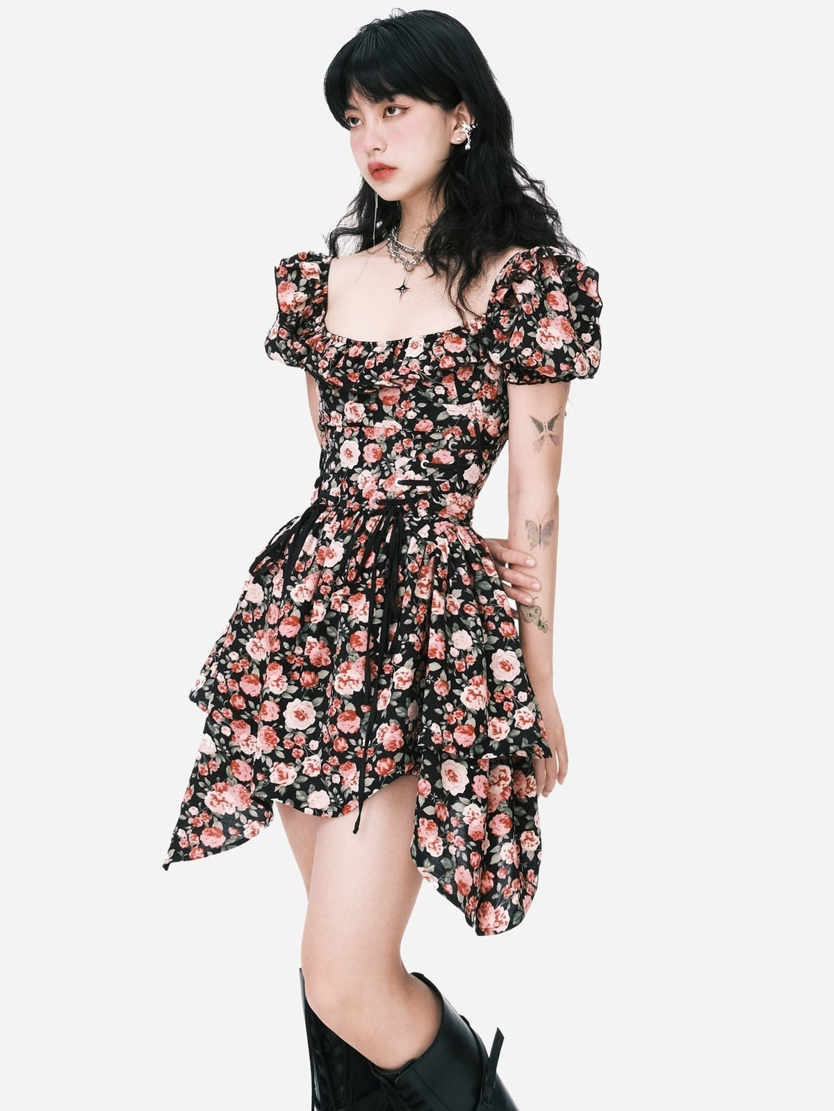 Blossom Noir Puff-Sleeve Dress