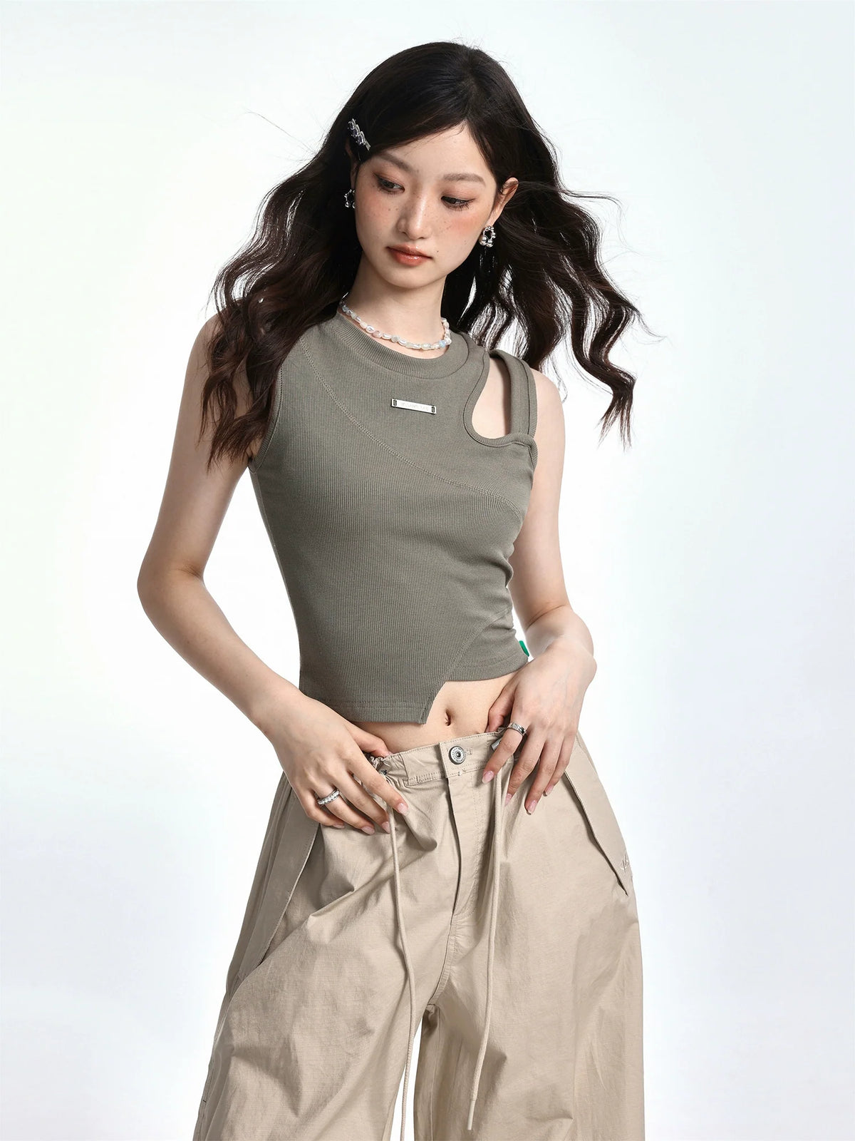 Hollow-out Sleeveless Irregular Crop Top