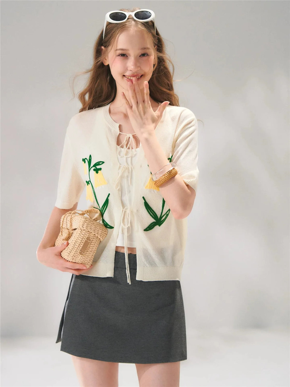 Floral Embroidered Tie-Front Knit Cardigan