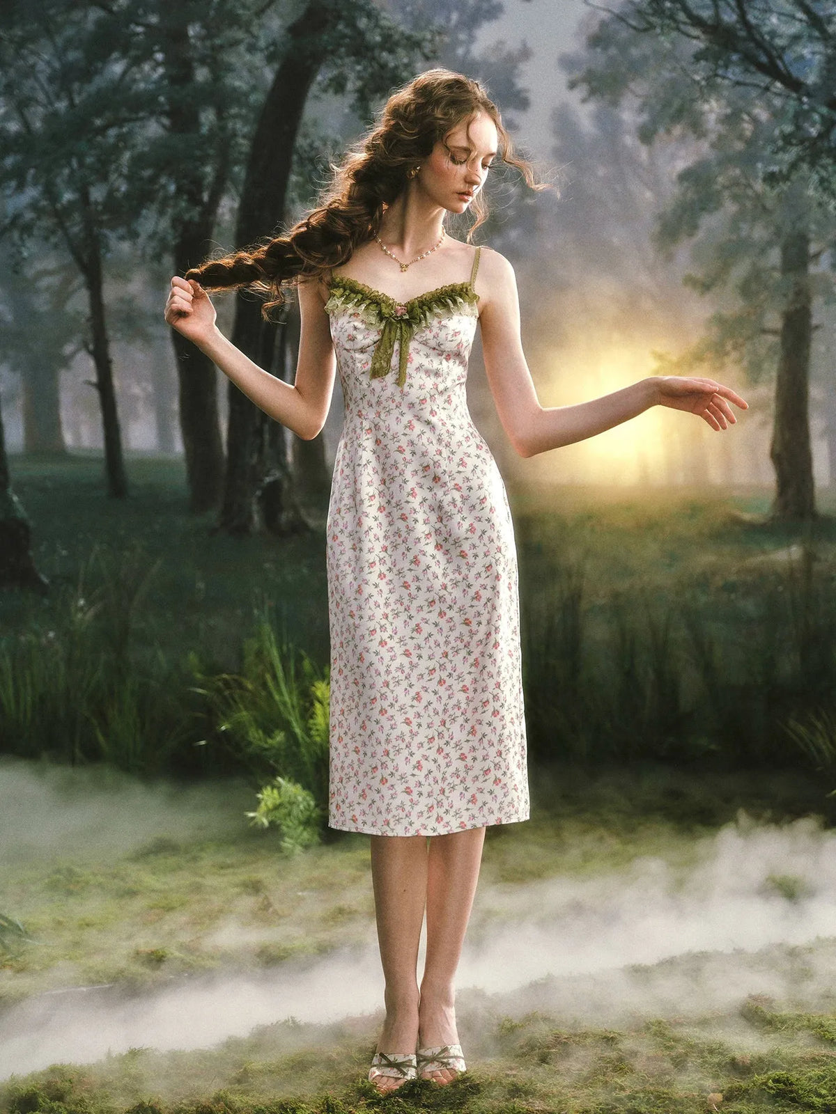 Enchanted Garden Satin Floral Dress & Lace Cardigan Set