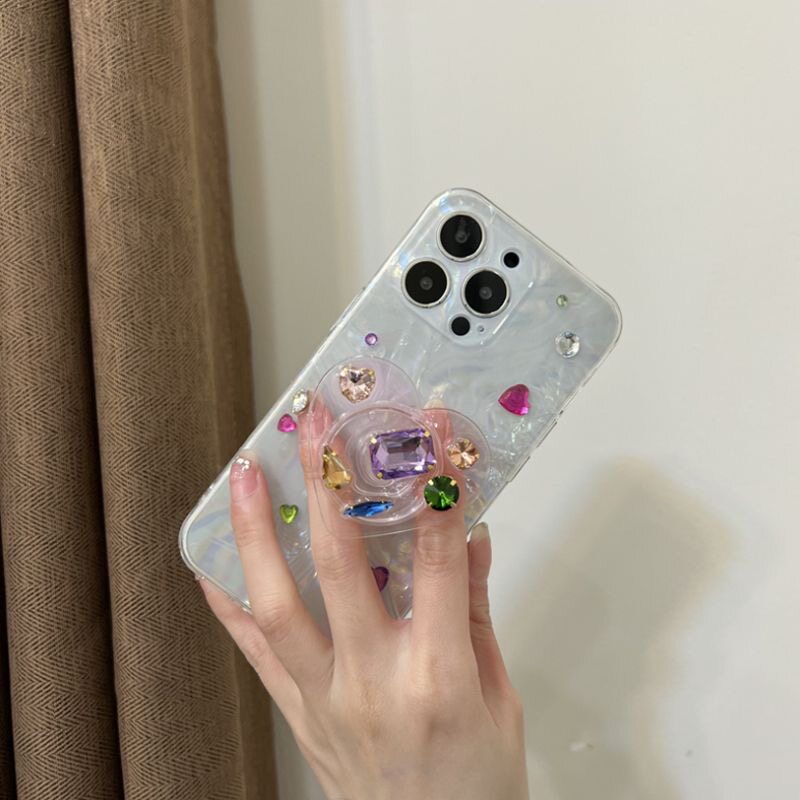 ins宝石贝壳纹爱心支架适用苹果15手机壳iPhone14Promax高级感13Promax新款12Pro少女13Pro个性创意11防摔16