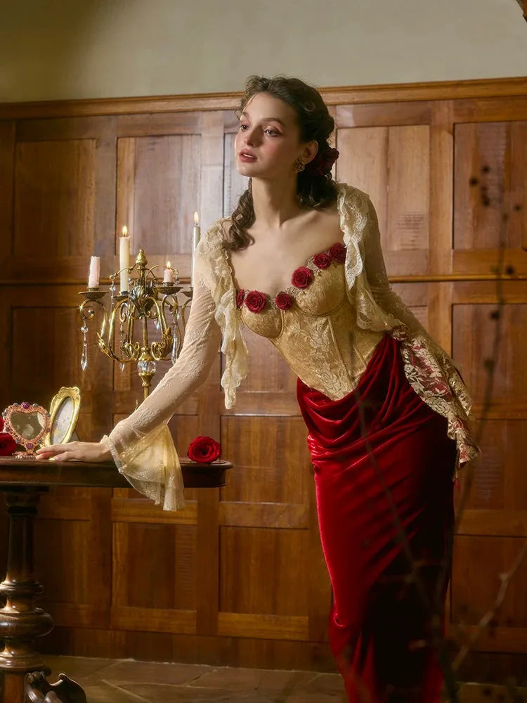 Red French Vintage Strapless Corset Dress