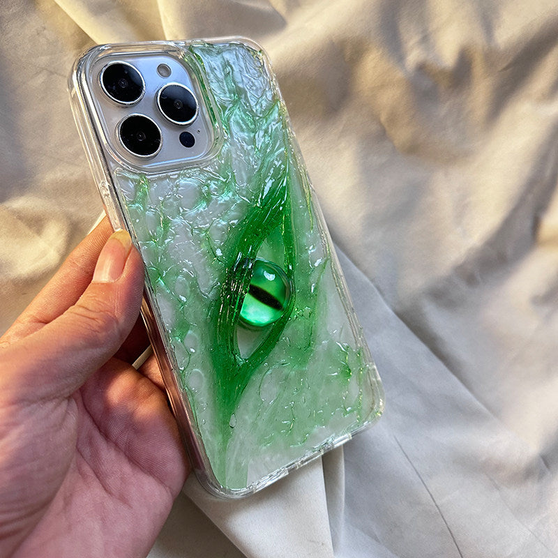 Creative Ice Crystal Green Eyes Phone Case for iPhone 16 Pro, iPhone 15 Pro Max, Premium 14 Pro Max New 17 Pro Transparent Large Hole, 11 Couple Hard Case, 12 Anti-fall, 17 Niche