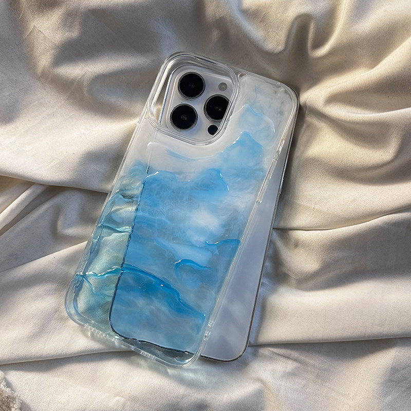 ins简约晕染水面蓝适用苹果16Pro手机壳iPhone15Pro高级感13Promax手工原创12Pro透明11镜头保护13情侣x防摔