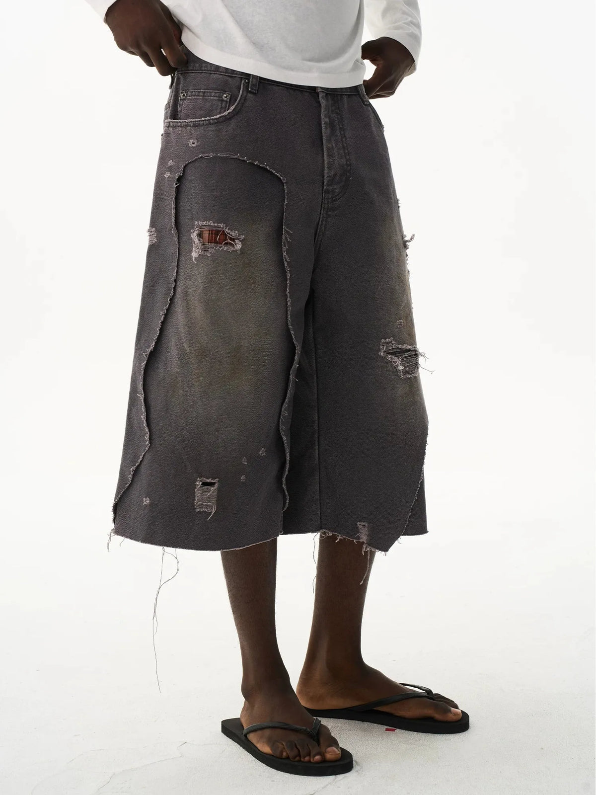 Distressed Double-Layer Washed Grey Shorts