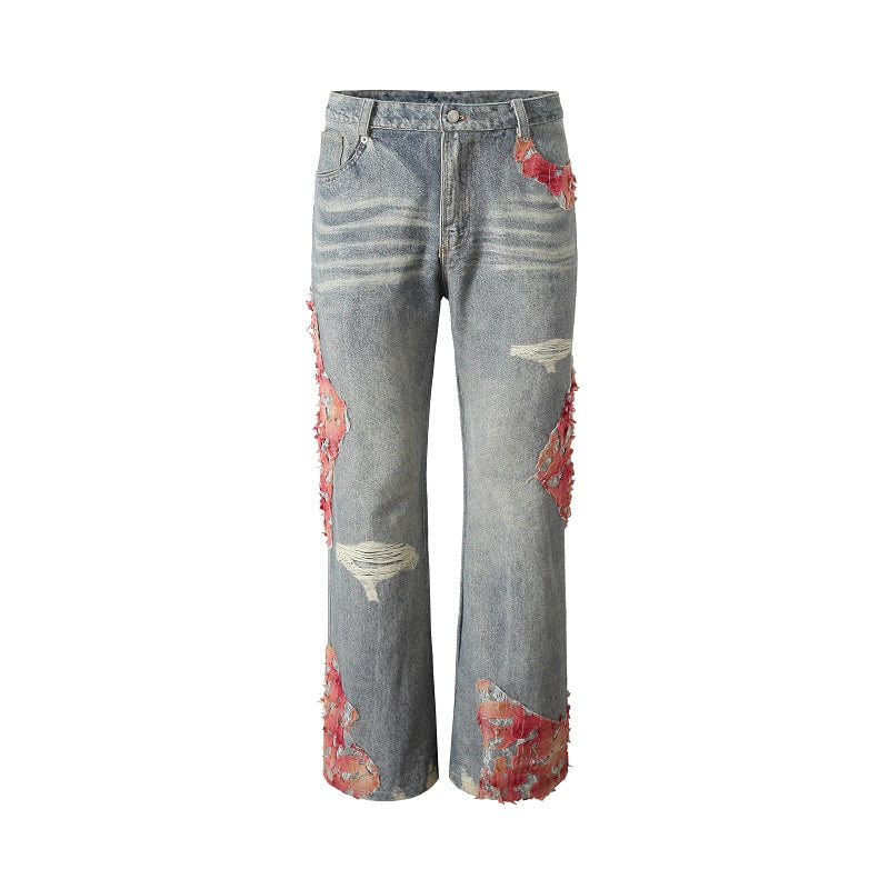 YADcrew Lace-Embroidered Wide-Leg Jeans