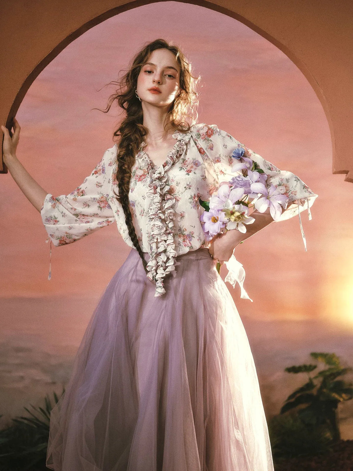 Wisteria Whisper French Romantic Floral Chiffon Shirt