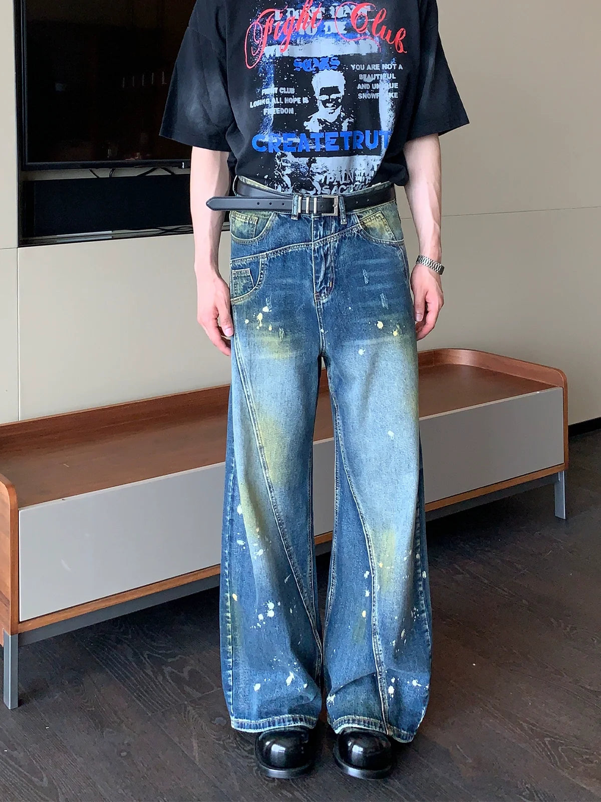 Paint-Splatter Wide-Leg Jeans