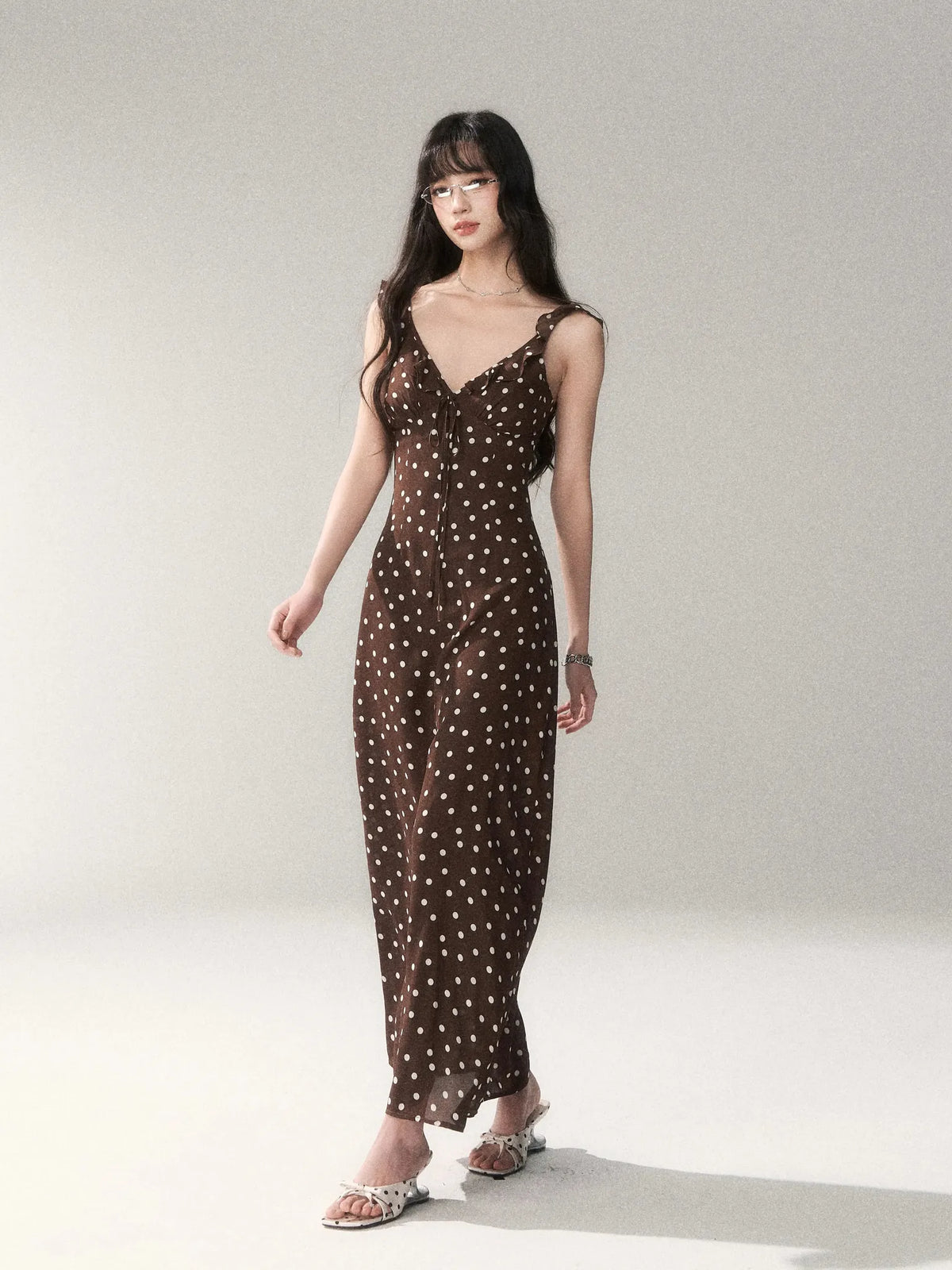 Chocolate Polka Dot French Slim-Fit Slip Maxi Dress