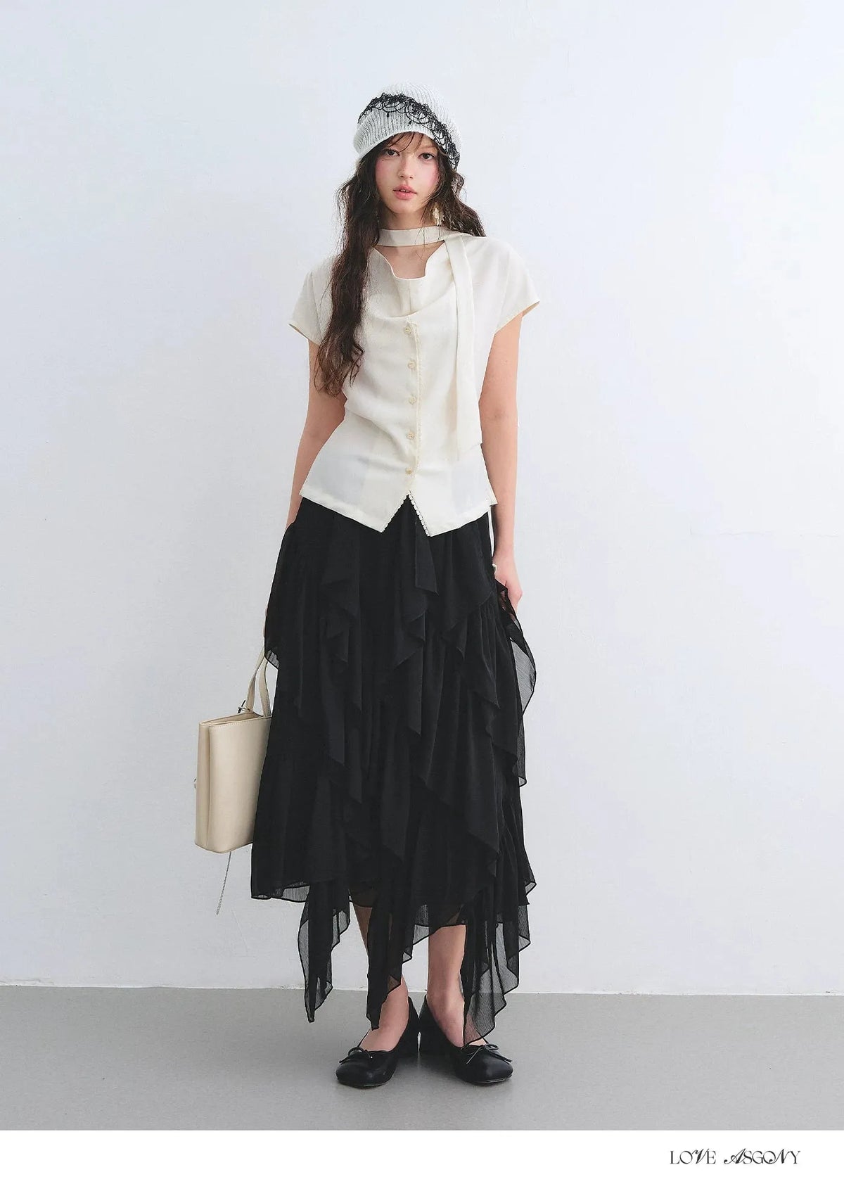 Asymmetric Ruffle Hem Chiffon Midi Skirt