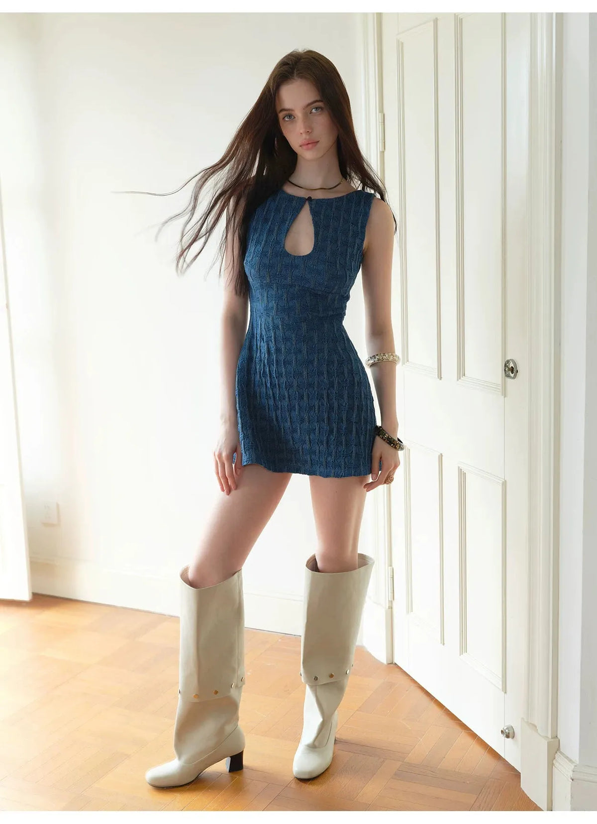 Textured Denim Teardrop Cut-Out Dress