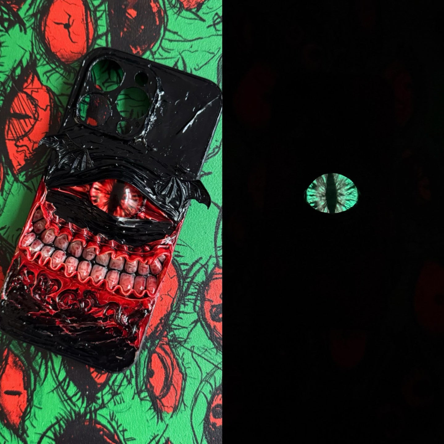 Handmade gothic iPhone case featuring a 3D horror eye and teeth design on a black and red background.