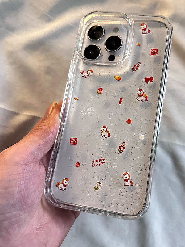 Minimalist Transparent Glitter Horse Year New Model Phone Case for Apple 17 Pro Max iPhone 16 Pro Couple 15 Pro Max Premium 14 Niche 13 Creative Anti-fall 12 Protective Cover Resin