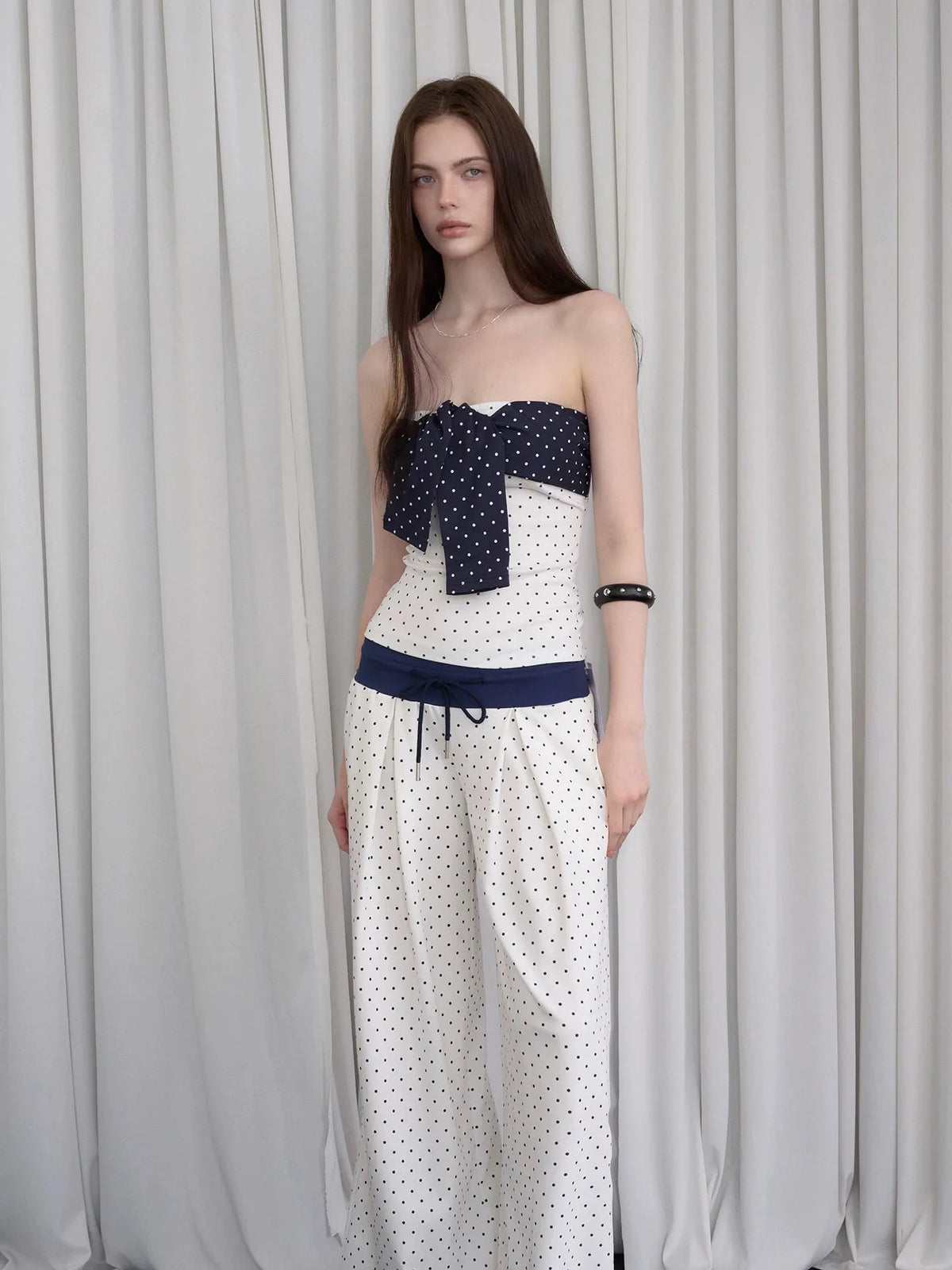 Polka-Dot Bandeau Top & Straight-Leg Pants Set